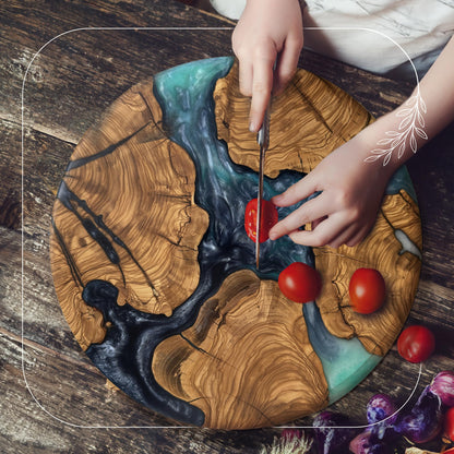 Handmade Olive Wood Round Resin Cheese & Charcuterie Board – Circular Decorative Epoxy Cutting Board with Unique Blue Resin Artwork, Ocean Oasis Design