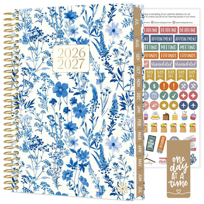 bloom daily planners 2026-2027 Planner - Academic Year (July 2026 - July 2027) Monthly & Weekly Soft Cover Planner for Women - 13 Month Inspirational Agenda Book with Stickers - 5.5" x 8.25" - Blue & White Floral