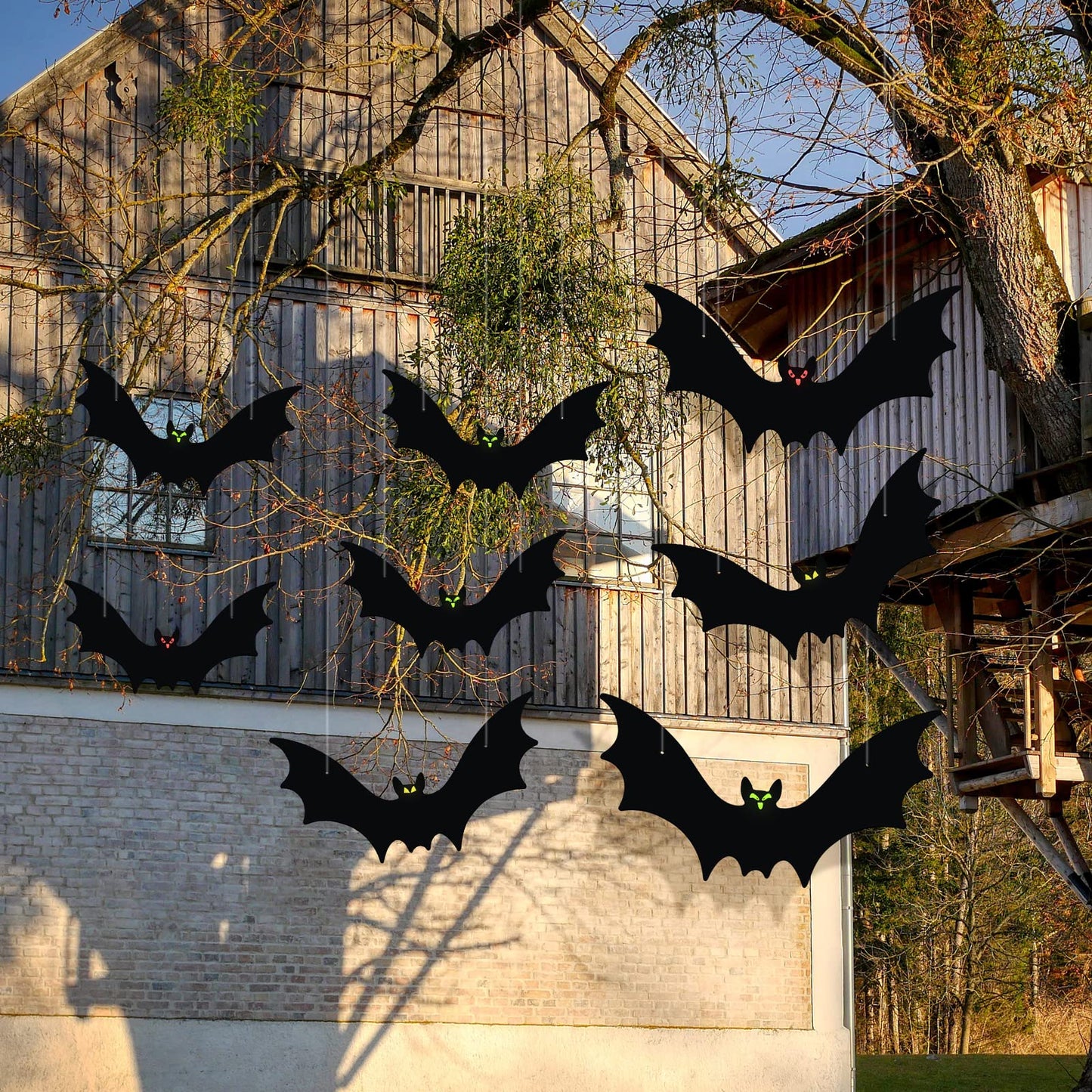 VERNILLA Hanging Bats Halloween Decorations 12pcs 3D Realistic Halloween Hanging Flying Bat with Glowing Eyes for Outdoor (3 Styles)