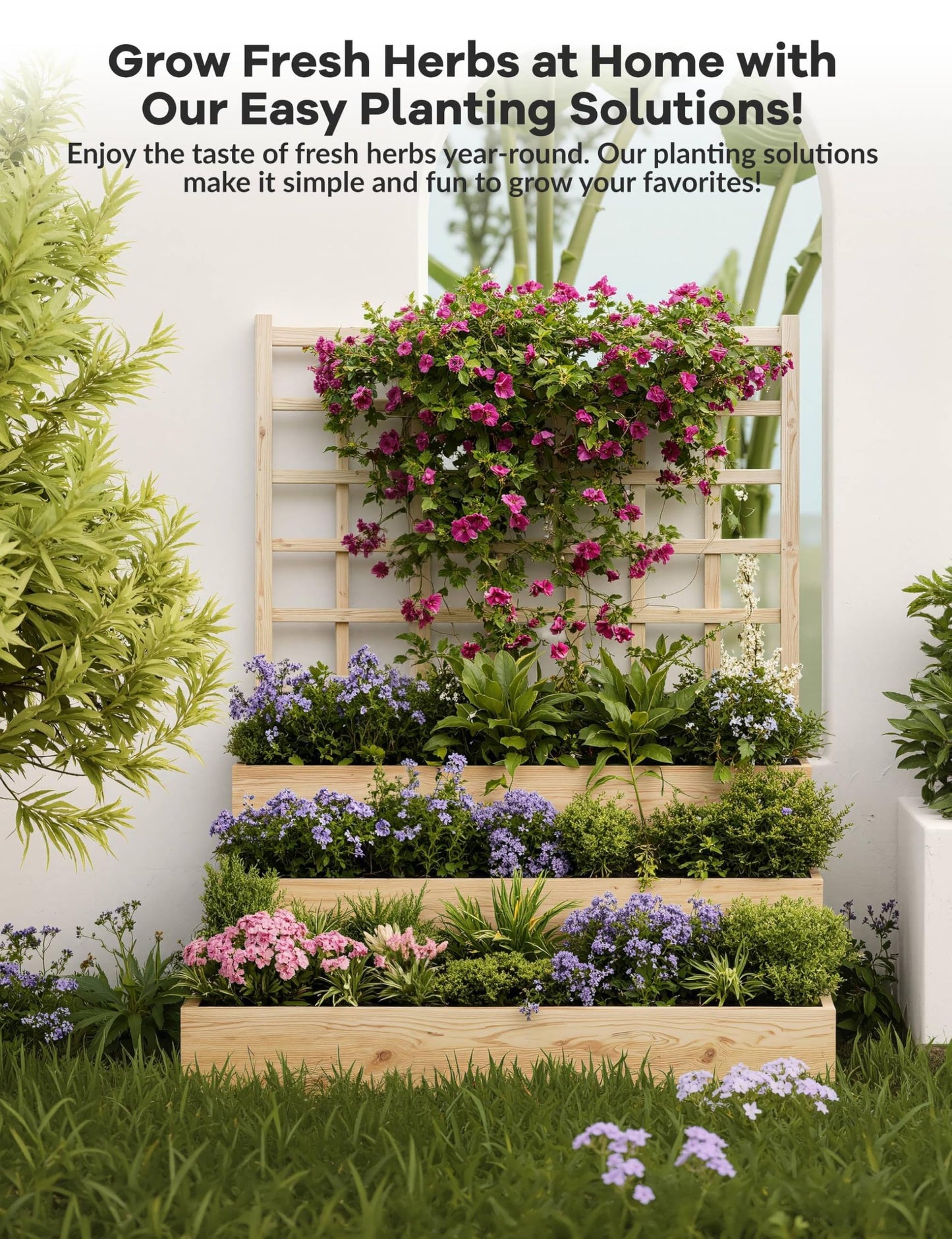 GarveeLife 3-Tier Raised Garden Bed,Wooden Vertical Planters with Trellis & Open-Ended Base for Climbing Plants Vines Flower Herb Vegetable Fruit,Outdoor Planter Boxes for Patio Yard Lawn