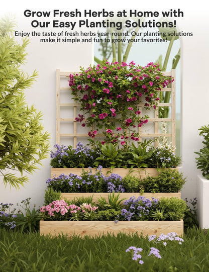 GarveeLife 3-Tier Raised Garden Bed,Wooden Vertical Planters with Trellis & Open-Ended Base for Climbing Plants Vines Flower Herb Vegetable Fruit,Outdoor Planter Boxes for Patio Yard Lawn