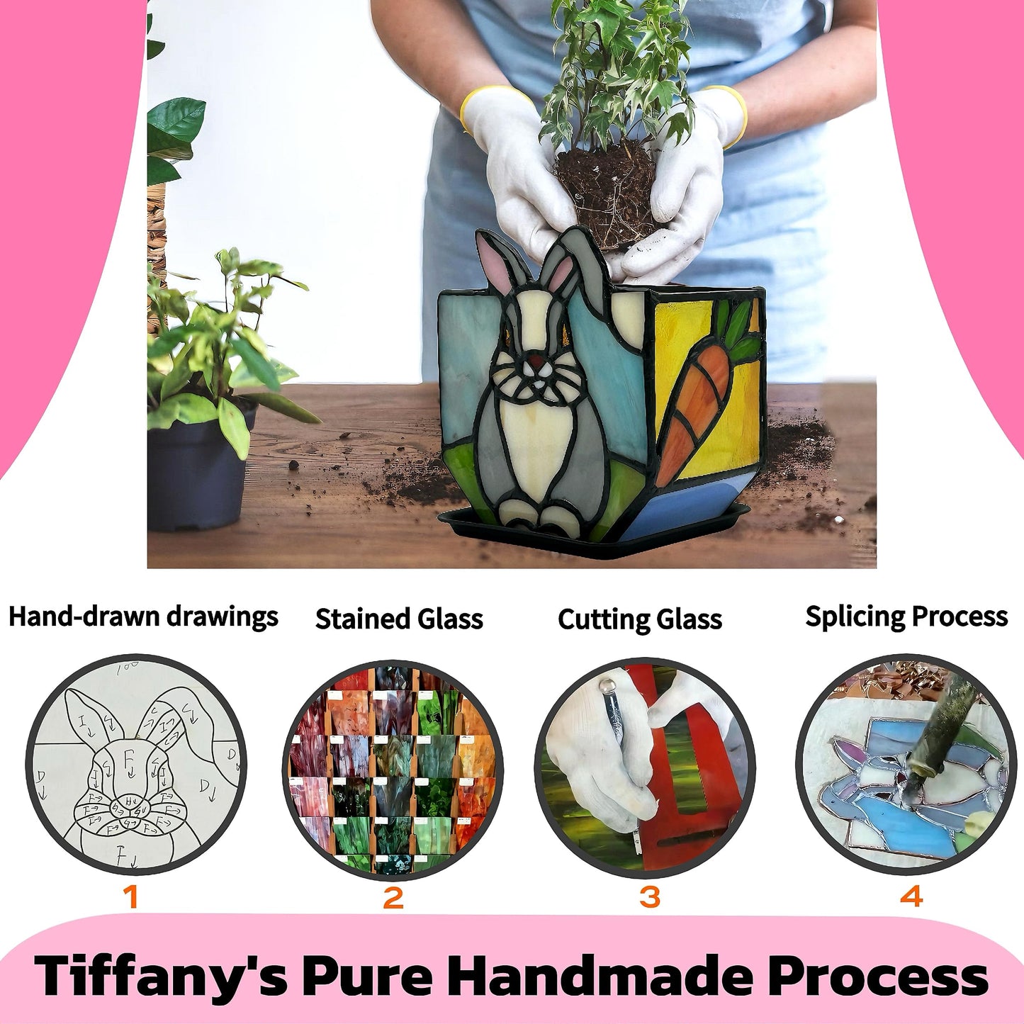 Entlityful Handcrafted Stained Glass Rabbit Planter,Plant Pots Indoor with Drainage, Succulent Flower Pots,Plant Gifts,4.6x3x5.15 in