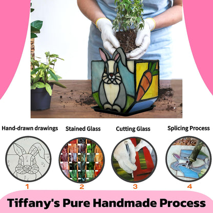 Entlityful Handcrafted Stained Glass Rabbit Planter,Plant Pots Indoor with Drainage, Succulent Flower Pots,Plant Gifts,4.6x3x5.15 in