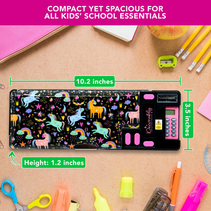 Decorably Unicorn Pop Up Multifunctional Pencil Case with Compartments, Calculator, Sharpener, Pen Slots, Mini Drawer and 2 Main Sections with Magnetic Closure - Back to School Gift for Kids