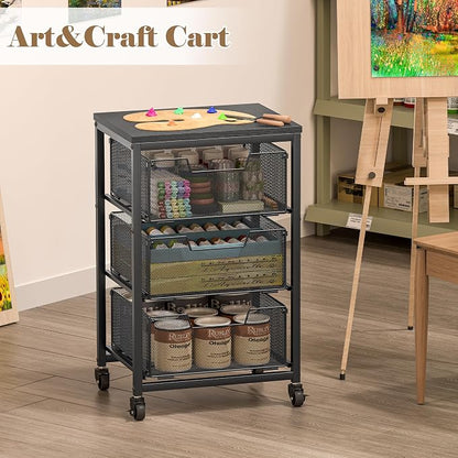 Under Desk Storage Cart with Lockable Wheels, 3-Drawer Rolling Storage Cart, Metal Utility Cart with Drawers for Art Cart, Craft Cart, Classroom, Office, Kitchen, Bedroom