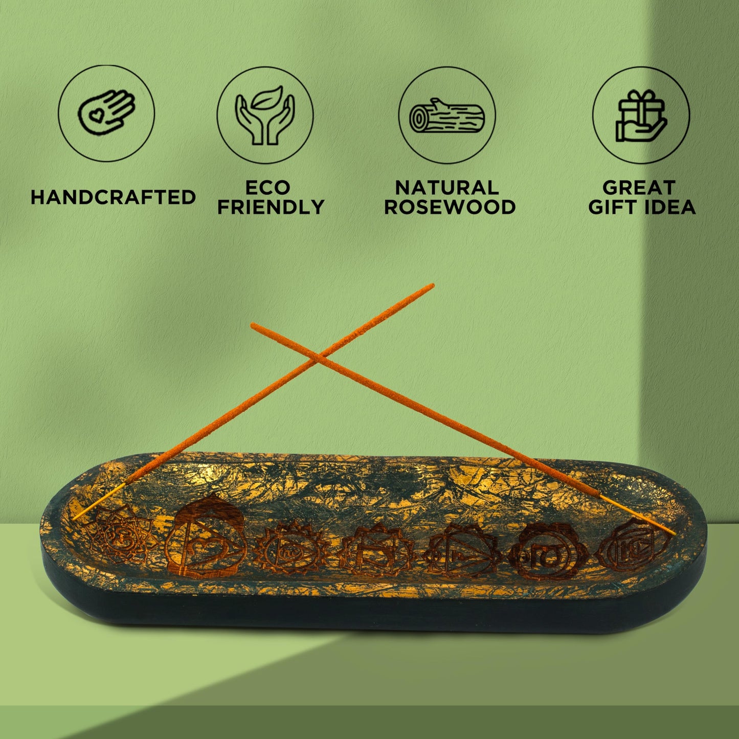UnitedPrime Hand Carved Incense Holder-Incense Burner/Ash Catcher/Handmade Wooden Insence Tray – Modern Gift Home/Room/Seven Chakra Blue Gold Kitchen Décor Size 11x4x1.5 Inches
