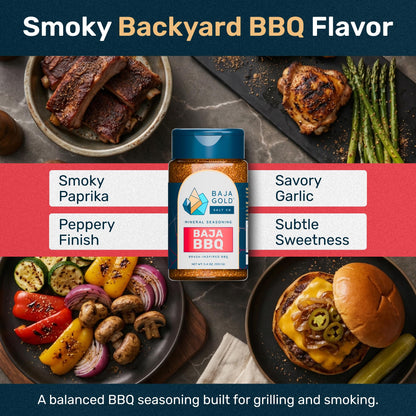 Baja Gold BBQ Seasoning, Smoky Barbecue Rub Blend with Paprika Cane Sugar Black Pepper and Mineral Sea Salt, for Ribs Chicken Pork and Burgers, All Purpose Seasoning and Meat Rub, 5.4 Oz