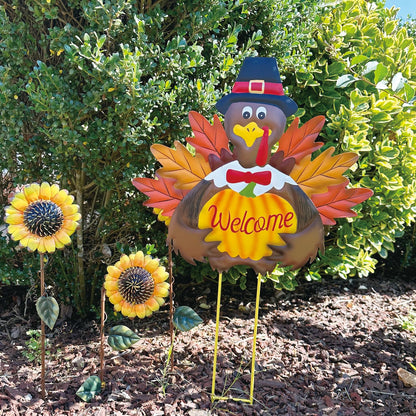 Autumn Metal Garden Stakes, Fall Harvest Thanksgiving Metal Pumpkin Welcome Sign with Turkey Stakes Yard Decorations 28.5''H, Garden Patio Lawn Yard Decor Fall Harvest Thanksgiving Outdoor Decorations