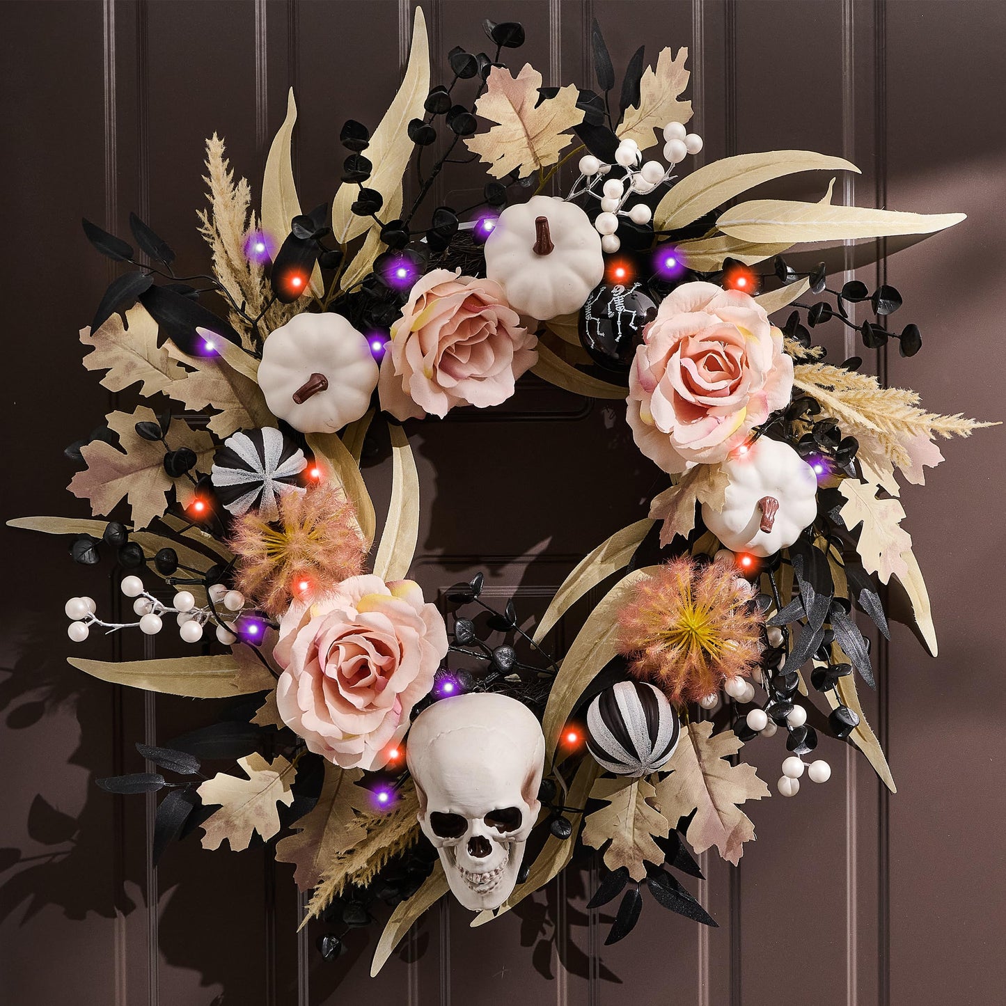 Valery Madelyn 18 Inch Halloween Wreath for Front Door with Lights, Pre-Lit Fall White Pumpkin Skull Wreath Pink Roses Halloween Decorations for Home Porch Table Centerpiece Party Holiday Autumn Decor