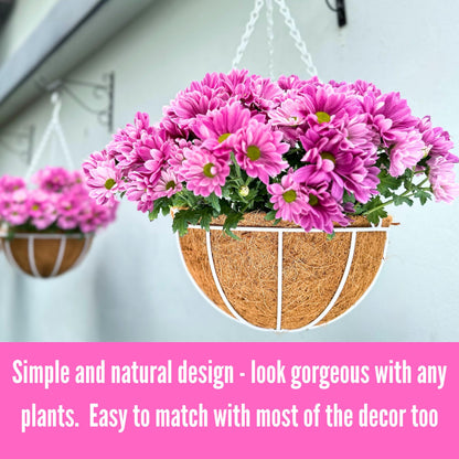 LaLaGreen Bundle (2 Pack, 10 Inch + 2 Pack, 12 Inch) Small Hanging Flower Pots with Coco Liner, White Metal Wire Round Plant Holder with Hook Chain, Wall Mounted Basket Fence Railing Deck Porch Patio