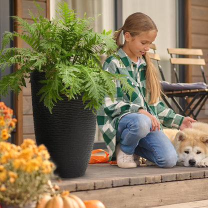 Worth Garden 2-Pack 21" H. Black Tall Planters with Inside Pots - 14'' Dia Plastic Large Round Plant Tree Pots - Decorative Imitation Stone Finish for Indoor Outdoor Front Porch Container Patio