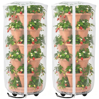 2 Pcs Vertical Plant Pot Insect Netting with Zipper, 39"x20" Stackable Planter Garden Net Cover, 3 to 5 Tier Planter Pot Insect Bird Barrier Protection Mesh for Strawberry Herb Flower Fruit Vegetable