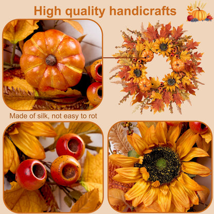 zjlmit Fall Wreaths for Front Door 24 Inch Fall Wreath with Pumpkins Sunflowers Maple Leaves and Orange Red Berries Autumn Wreath for Farmhouse Porch Thanksgiving and Harvest Festival Parties
