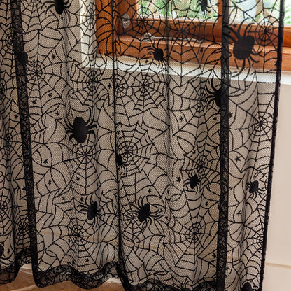 YJ YANJUN Black Lace Curtains 63 inches Length 2 Panels Halloween Goth Curtains for Bedroom Kitchen Spider Webs Halloween Decoration Coffin/Witchy/Gothic Haunted House Decor 55Wx63L Inch