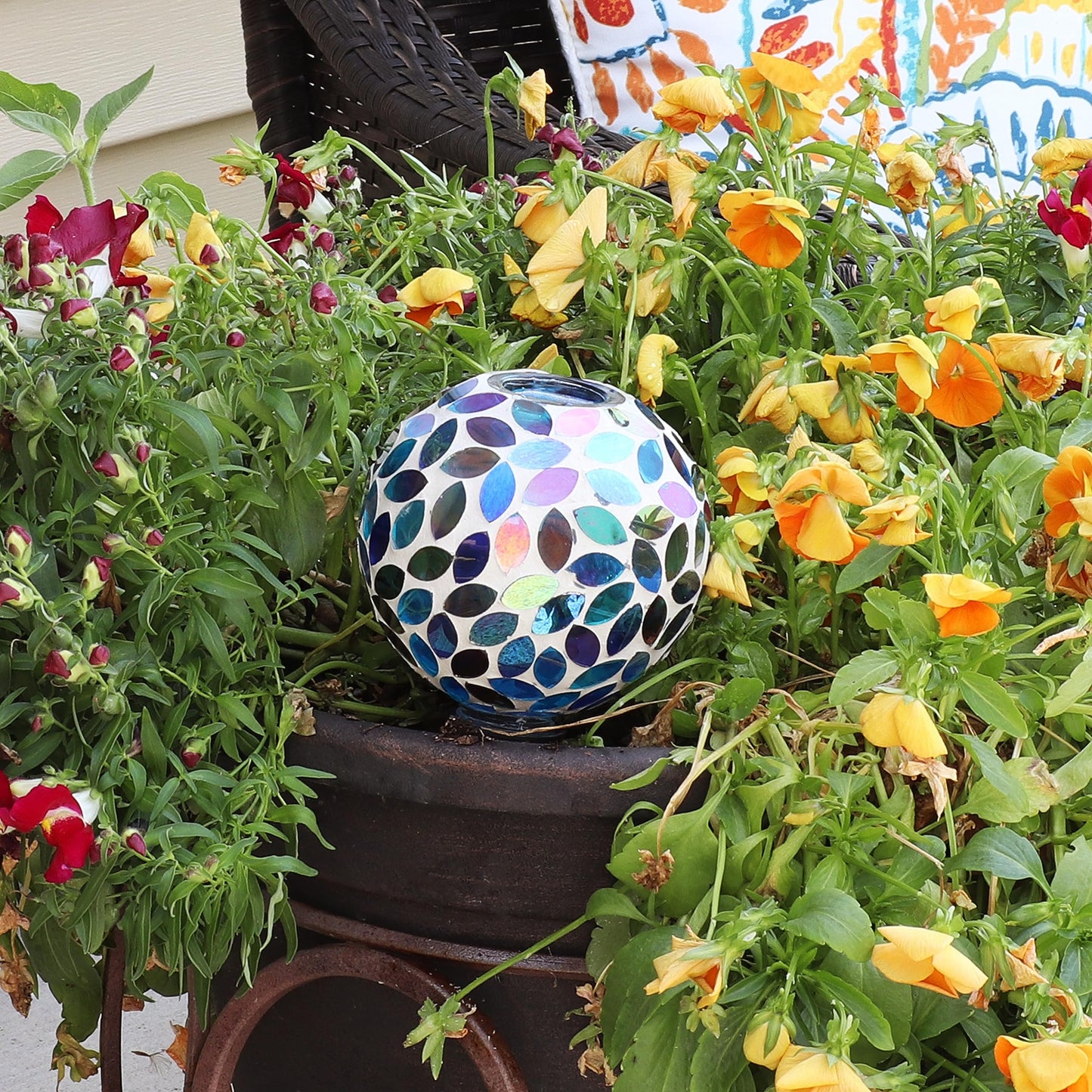 Sunnydaze Mosaic Glass Plant Watering Globe with Clay Spike - Decorative Self-Watering Planter Insert - Water Dripper for Plants - 9.5" - Spring Petals