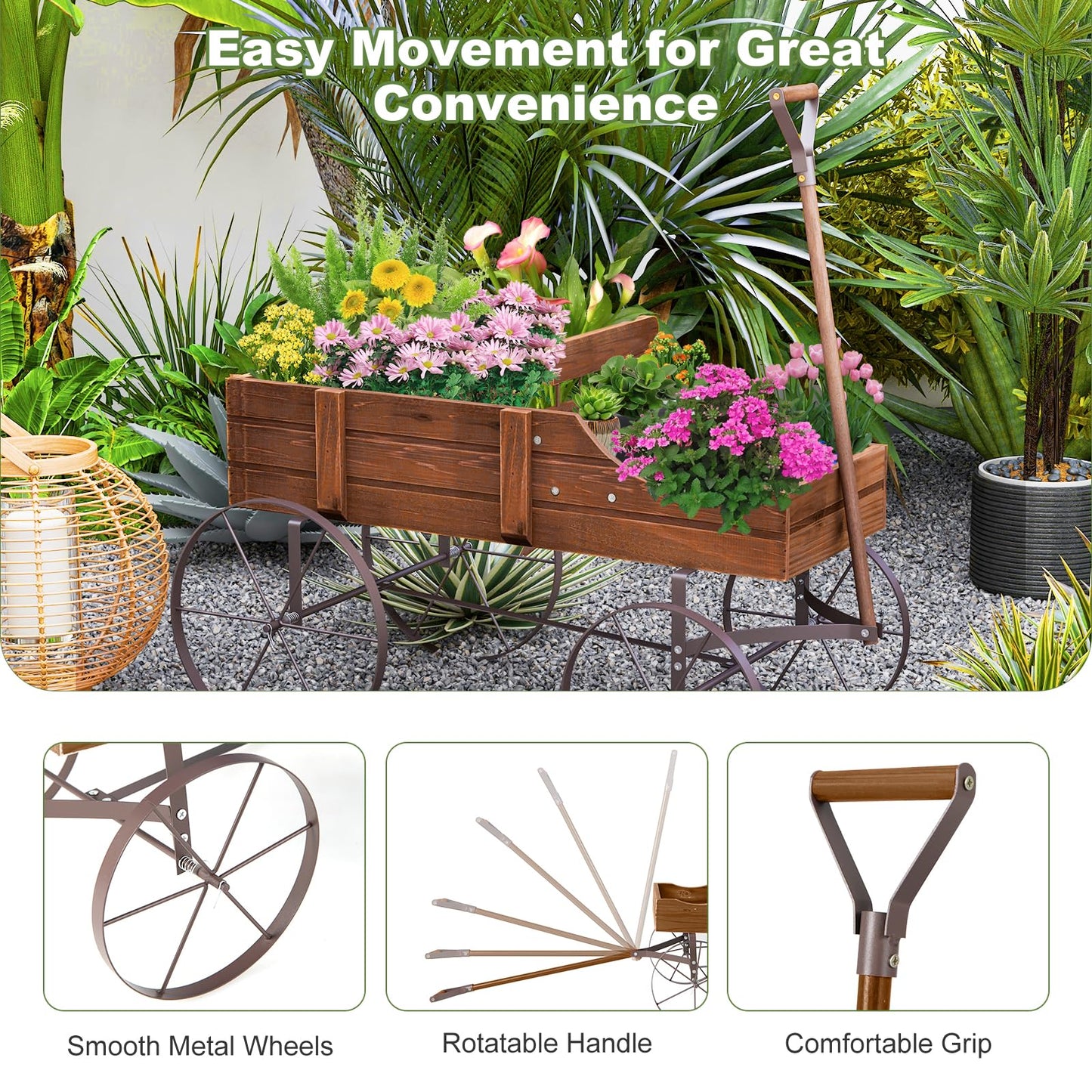 FIREFLOWERY Wooden Wagon Planter, Decorative Flower Pots w/ 2 Planting Sections, Wheels & Handle, Rustic Farmhouse Garden Planter Box for Patio, Yard, Porch (Walnut)
