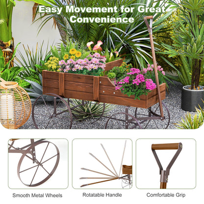 FIREFLOWERY Wooden Wagon Planter, Decorative Flower Pots w/ 2 Planting Sections, Wheels & Handle, Rustic Farmhouse Garden Planter Box for Patio, Yard, Porch (Walnut)