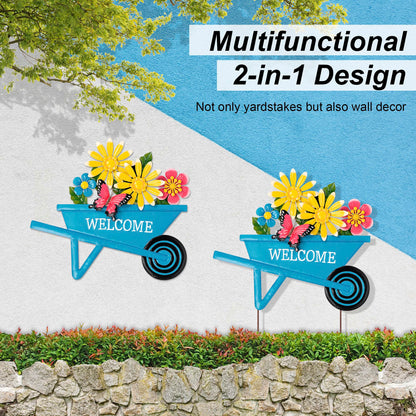 Glitzhome Cart Decorative Garden Stakes, Spring Metal Yard Decor with Lifelike Flower or Wall Decor, Flower Barrow Stake Garden Signs for Outside, 30” H