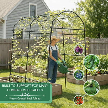BAXAM Garden Trellis Arch 7FT PP-Coated Stainless Steel Metal Extra Tall Cucumber Trellis Arch Garden Arch Trellis for Climbing Plants Outdoor Vegetable Trellis with Trellis Netting