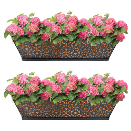 ZVOWOS Black Metal Railing Planter Window Box (2 Pack, 24 Inch) Horse Trough Planter with Coco Fiber Liner Deck Balcony Rail Planters for Porch Fence Patio Outdoor Garden Décor