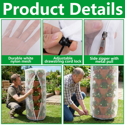 2 Pcs Vertical Plant Pot Insect Netting with Zipper, 59"x22" Stackable Planter Garden Net Cover, 6 to 7 Tier Planter Pot Insect Bird Barrier Protection Mesh for Strawberry Herb Flower Fruit Vegetable