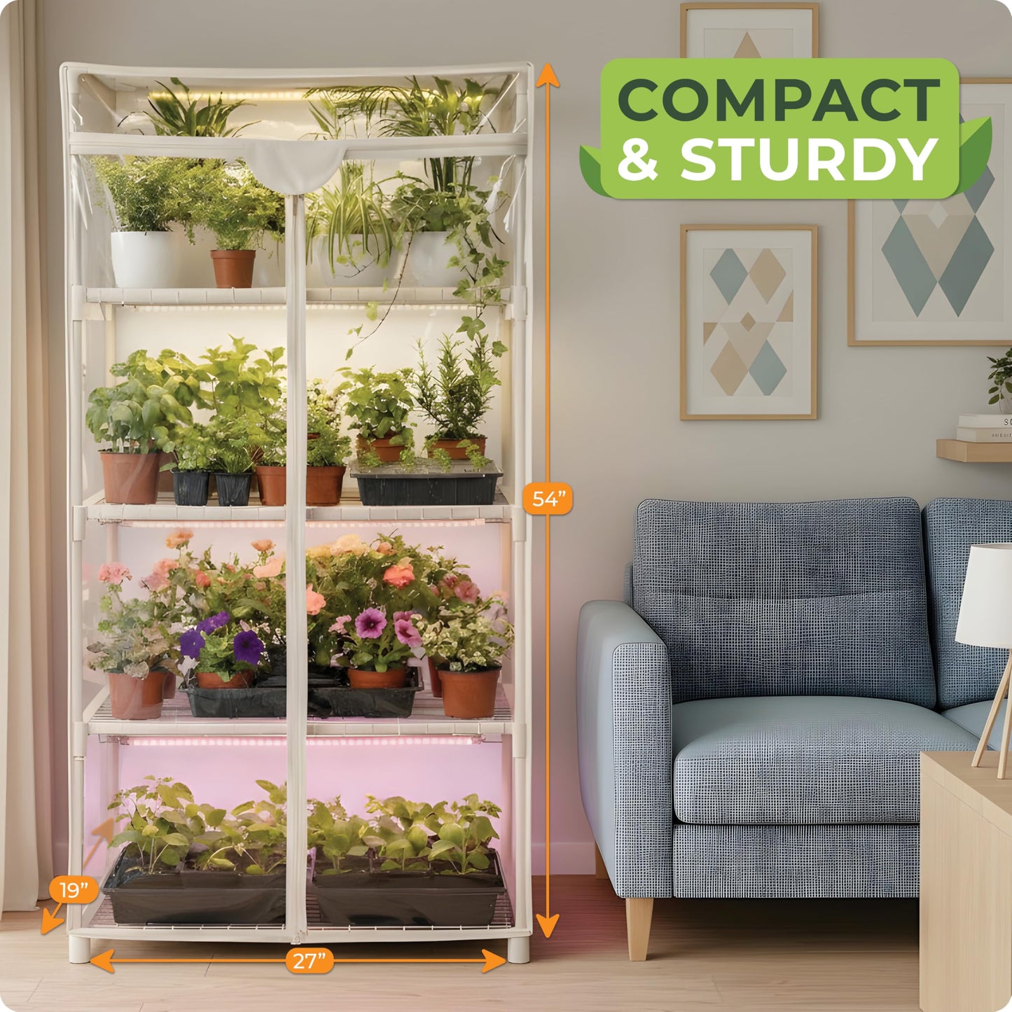 Carpathen Indoor Greenhouse with Grow Lights - 4 Tiers 27.2"L x 19.3"W x 54"H with 4 Dimmable 15W Full Spectrum LED Light Strips and 2 Gooseneck Clip-on Plant Lamp - Mini Greenhouse with Zip PVC Cover