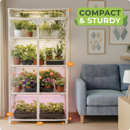 Carpathen Indoor Greenhouse with Grow Lights - 4 Tiers 27.2"L x 19.3"W x 54"H with 4 Dimmable 15W Full Spectrum LED Light Strips and 2 Gooseneck Clip-on Plant Lamp - Mini Greenhouse with Zip PVC Cover