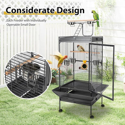 64.4" Tall Large Bird Cage, Metal Parrot Cage with Play Top, Rolling Stand & Bowls - Bird Aviary for Parrots, Conures, Cockatiels, Parakeets, Indoor Outdoor Aviary for Outside Porch Yard Garden