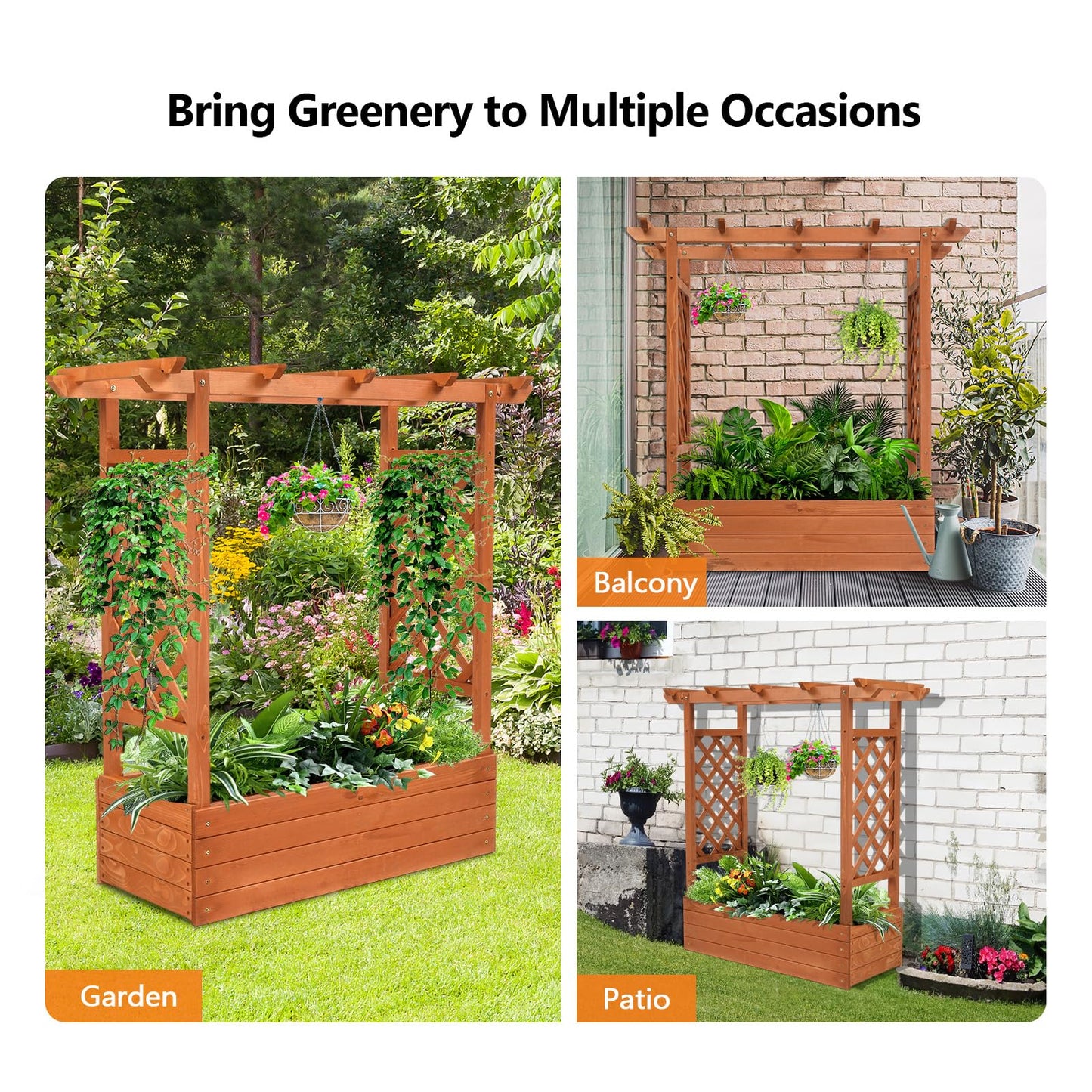 VINGLI 45-in Raised Garden Bed with Trellis & Hanging Roof, Wooden Elevated Planter Box with Drainage Holes for Outdoor Climbing Plants Vegetables Flowers, Patio Yard Balcony