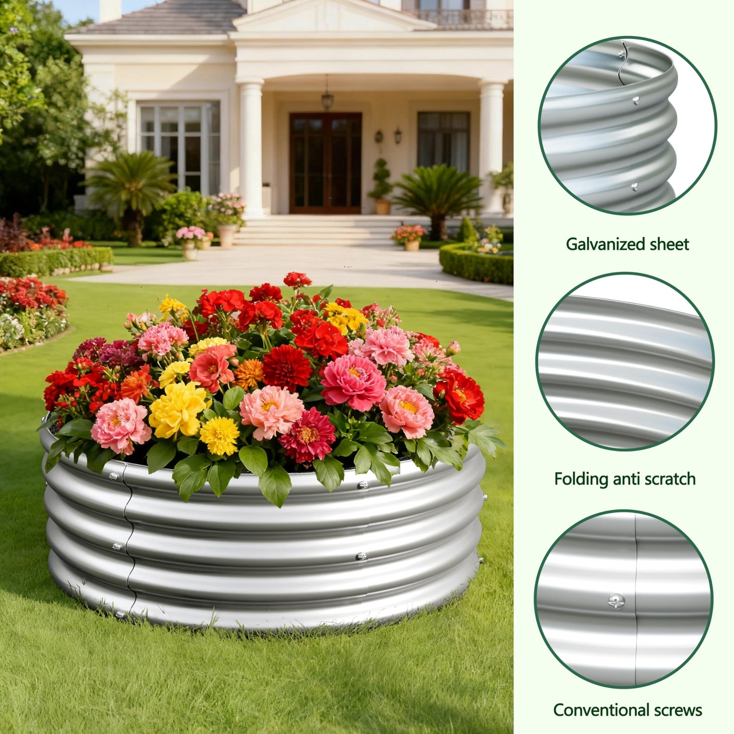 Foxlang 2x2x1ft(2 Pack) Galvanized Round Raised Garden Bed,Outdoor Planter Box Metal Patio Kit Planting Bed for Vegetables Flowers Herb,Silver