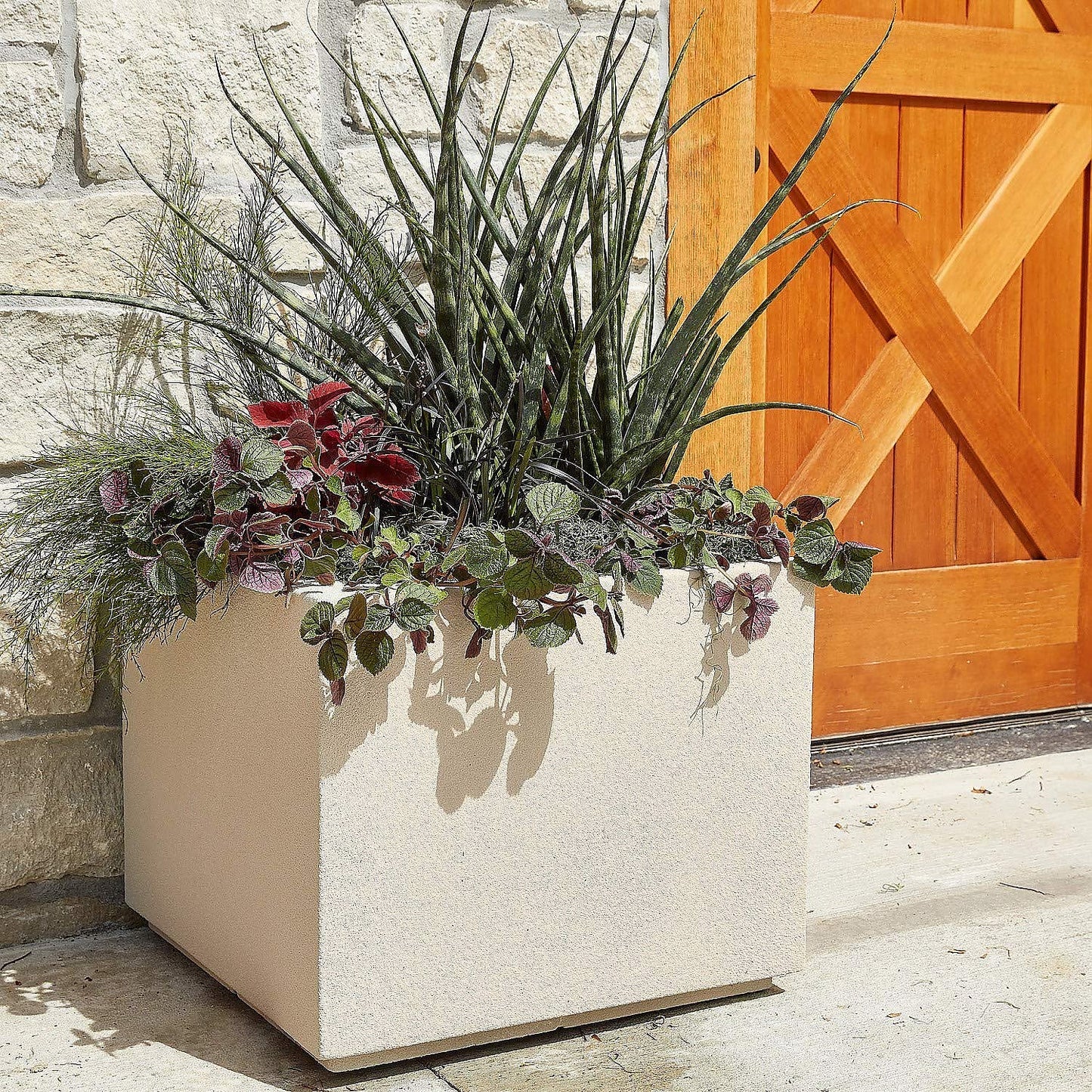 PolyStone Monterray Modern Outdoor/Indoor Square Planter - 23" x 23" x 19" H - Lightweight Weather Resistant Stone-Look Resin Planter - Commercial & Residential - Greige