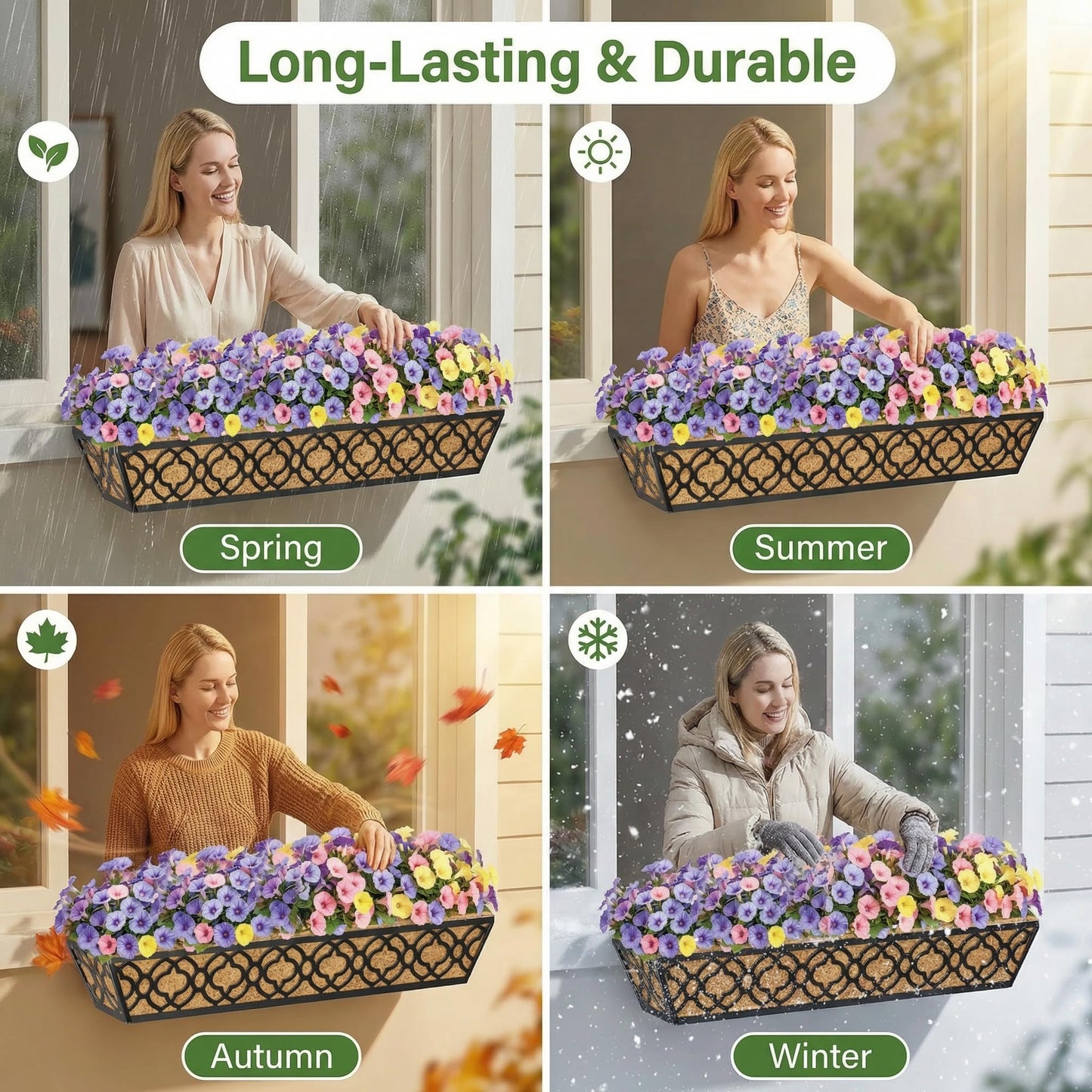 Y&M 36 Inch Window Deck Planter with Coco Liner, Metal Hanging Flower Boxes for Fence, Railing, Balcony, and Outdoor Garden Lawn – 2pcs