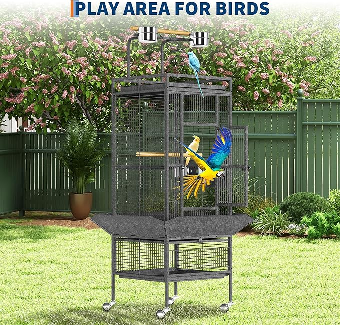 61" Extra Large Bird Cage with Rolling Stand & Play Top - Wide Metal Parrot Cage for Macaws, Cockatoos, Conures, Parakeets, Lovebirds, Includes Bowls