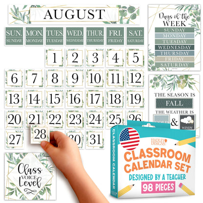 Hadley Designs Classroom Calendar Set Bulletin Board Decorations - Greenery School Calendar for Classroom Decor, Kindergarten Preschool Elementary Teacher Must Haves, Homeschool & Daycare Essentials