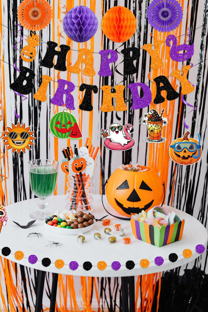 Summerween Decorations Happy Summerween Birthday Banner Hanging Swirls Honeycomb Balls Paper Fans Circle Confetti Dots Hanging Garland for Summer Halloween Birthday Party Decorations