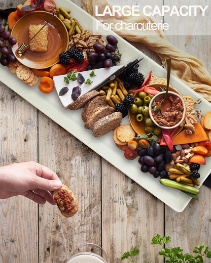 Czlizdyt Long Melamine Serving Platter, 17.3x8x1.5 inch Rectangle Serving Trays for Party, Long Serving Platters Plates for Appetizer, Charcuterie, Bread, Fruit, Dessert, Set of 2, White