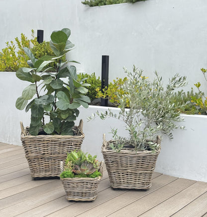 Kouboo Rectangular Rattan Planter Basket 1.25 Gallon Capacity Plastic Pot Liner with Drain Holes Included No Saucer Indoor and Outdoor Use