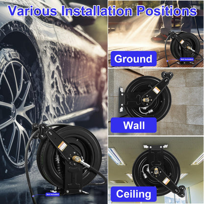 JOEJET Auto-Retractable Pressure Washer Hose Reel, 50FT x 3/8" Heavy Duty Steel Power Washer Hose Reel Dual Arm, 4000 PSI