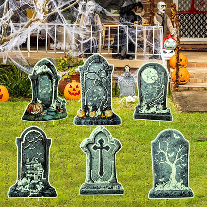 Halloween Tombstone Decorations Outdoor, 6PCS 14" Glow in the Dark Graveyard Yard Signs with Stakes, Haunted Gravestones Lawn Signs for Halloween Cemetery Garden Yard Decoration Supplies