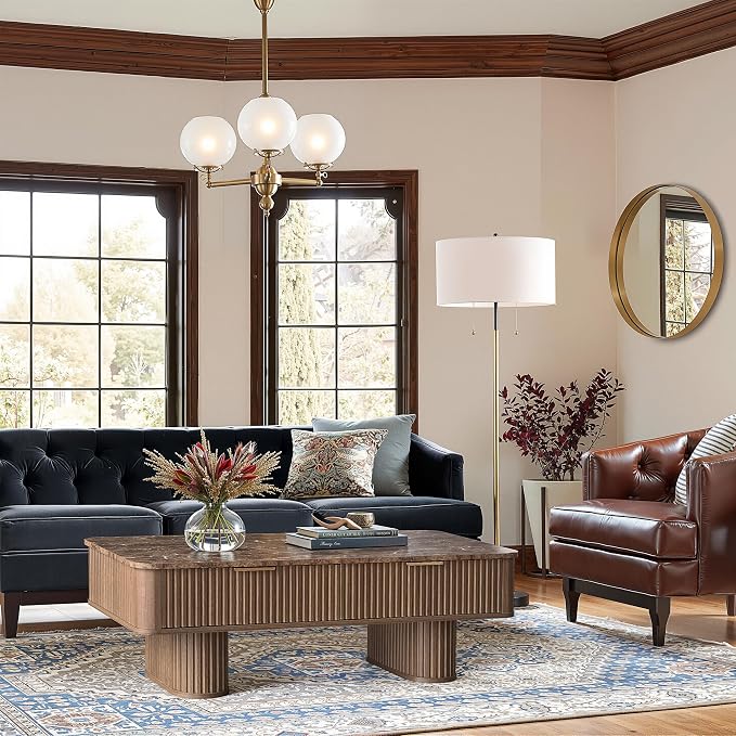 Win2win Fluted Coffee Table with Storage, Mid Century Modern Coffee Table with Faux Marble Top, Minimalist Rectangle Center Table with Sculptural Pedestal Legs & Drawers for Living Room/Office, Walnut