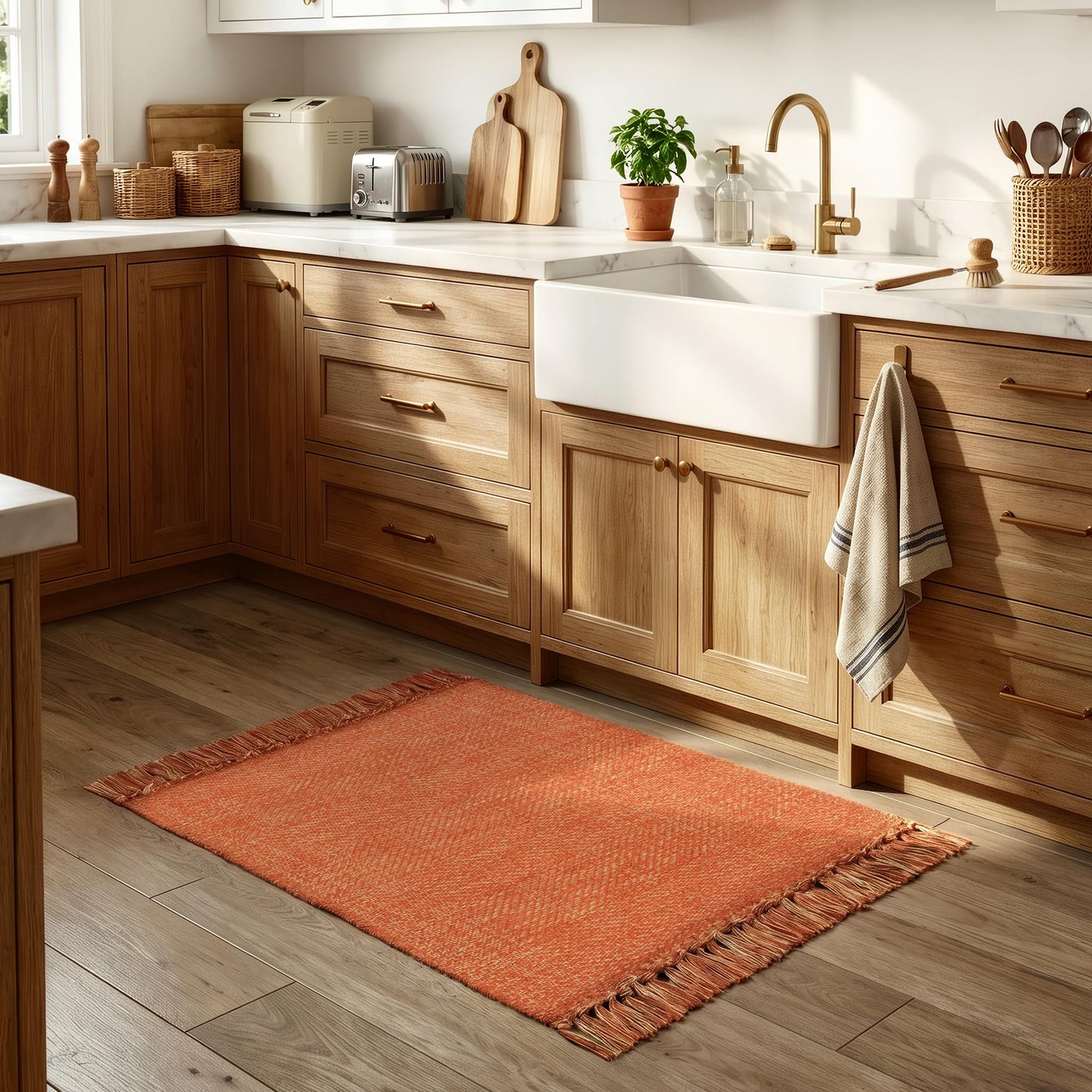 Collive Small Bathroom Rug 2' x 3', Modern Farmhouse Kitchen Mat Hand-Woven Washable Entryway Rugs, Reversible Low Profile Front Door Mat Terracotta Fall Carpet for Porch Back Bedroom Decor