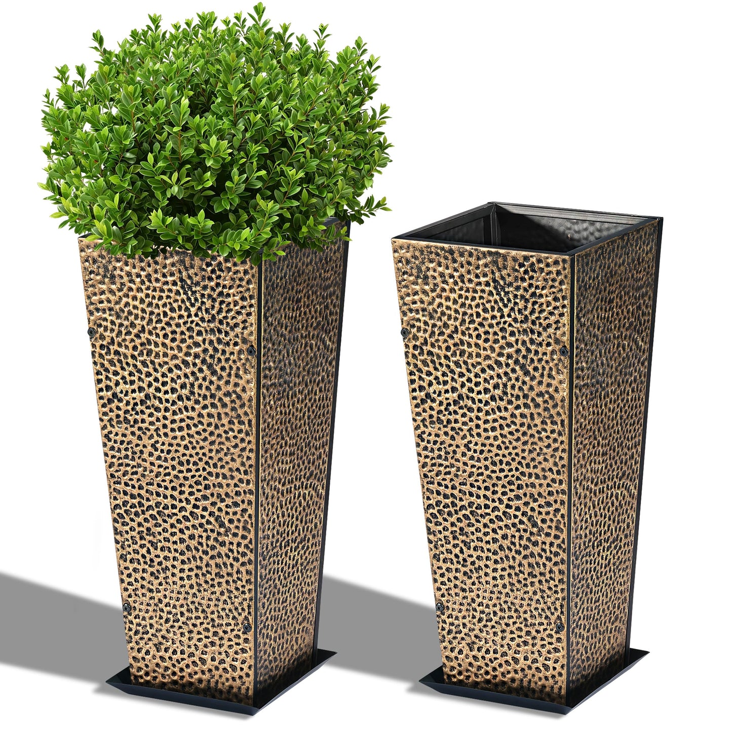BAYN 2-Pack 24" Tall Metal Planter – Hand-Hammered Textured Large Copper Flower Pots Box with Saucer for Outdoor&Indoor, Garden, Porch, Patio, Yard with Pre-Drilled Drainage Holes