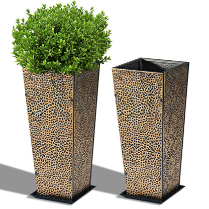 BAYN 2-Pack 24" Tall Metal Planter – Hand-Hammered Textured Large Copper Flower Pots Box with Saucer for Outdoor&Indoor, Garden, Porch, Patio, Yard with Pre-Drilled Drainage Holes