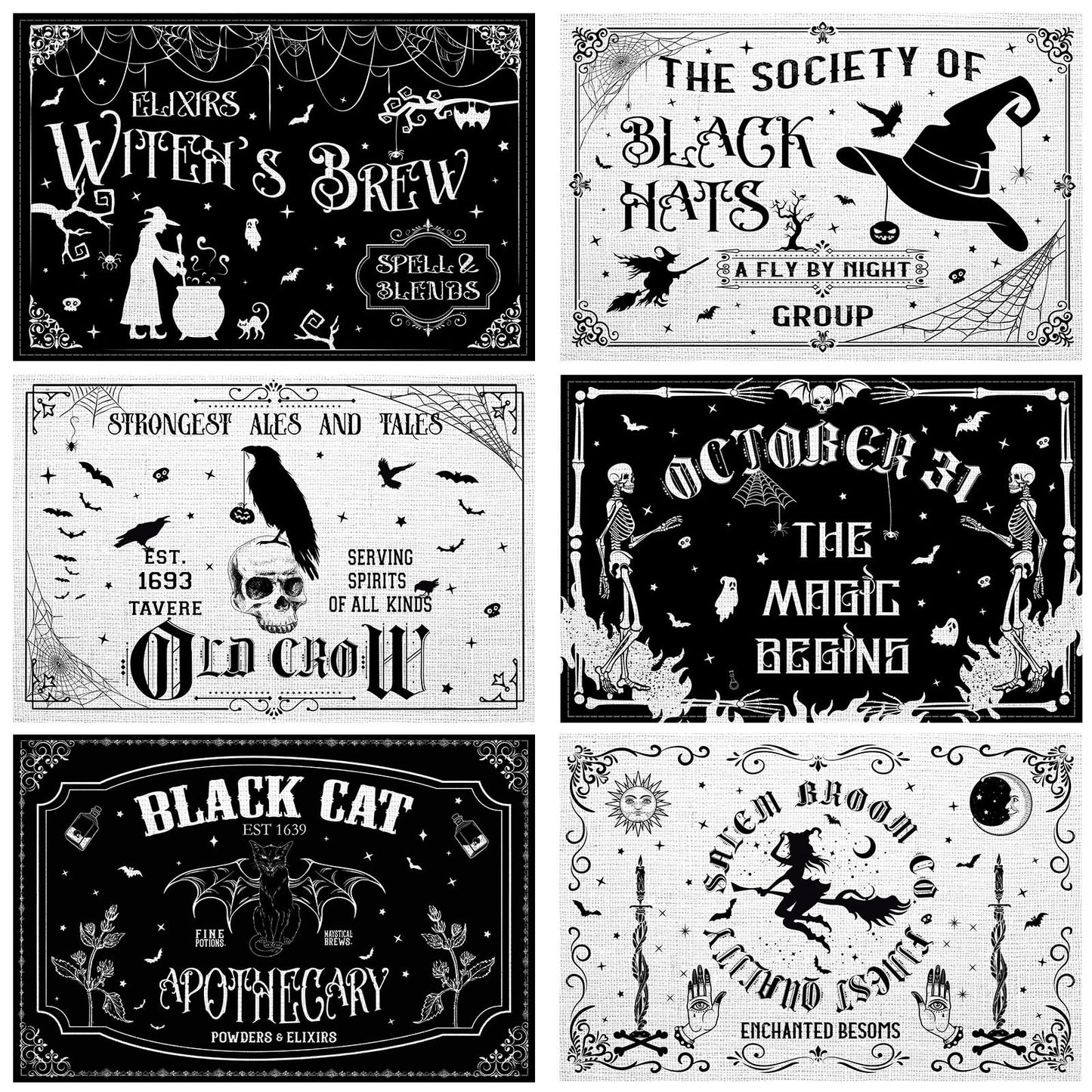 Umigy 6 Pcs Halloween Placemats 12"x18" Gothic Bat Placemats Kitchen Decoration Washable Witch Place Mats Rectangle Skull Table Mats for Halloween Dining Table Accessories(Black White Character Style)