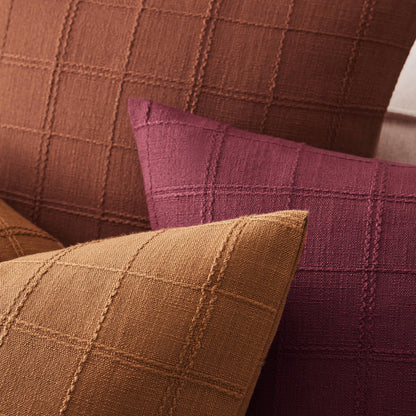 ZeeMart Linen Checked Lumbar Throw Pillow Covers Set of 2, 12x20 Inch Allover Grid Burgundy, Farmhouse Decorative Double Sided Grid Embroidered Couch Pillow Cases Red Cotton Linen Cushion Covers