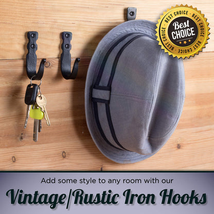 Stur-De Wrought Iron Wall Hooks – Heavy Duty Black Decorative Hooks for Hanging Coats, Bags, Hats & Towels | Rustic Metal Wall Hangers, Set of 3