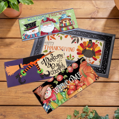 Evergreen Sassafras Fall Christmas Holiday Doormat Insert Bundle & Tray Set of 5, Interchangeable Entrance Door mats Indoor and Outdoor Welcome Mat 30 x 18 Tray Non Slip Backing Low Profile