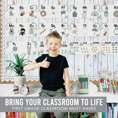 Hadley Designs Alphabet for Classroom Wall Decor - ABC Posters for Classroom Wall Chart Preschool & Kindergarten, ABC Letters & Number Line Elementary, Alphabet Cards, Greenery Classroom Decor