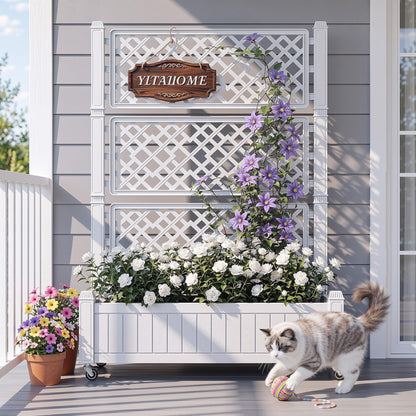 YITAHOME 42.5x14.2x61 in Planter Box with Trellis/Outdoor Privacy Screen, All-Weather Raised Garden Bed with Wheels & Drain Plug for Climbing Plants Flowers Herbs, White