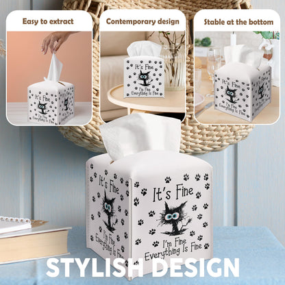 Little Cat Tissue Box Cover Square, Leather Tissue Box Cover Holder with Belt Bottom, Inspirational Quote Gift Ideas for Friends, It's Fine Desk Decor for Bathroom Office-(5.2 Inches) A31